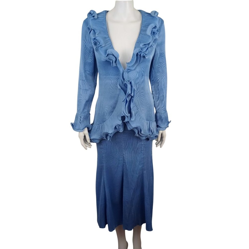 Jerry T Blue Crinkle Ruffle V-Neck Long Sleeve Midi Skirt Suit Womens S